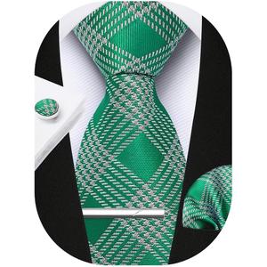 HISDERN Plaid Ties for Men Classic Checkered Tie and Pocket Square Cufflinks Tie Clip Set Woven Men's Necktie Business (Green)