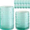 Vintage Glassware Drinking Glasses Set of 12,Light Blue 12oz & 15oz Hobnail Glass Cups,Embossed Water Tumbler,for Beer,Cocktail,Whiskey,Juice and Various Mixed Drinks- 1 Cleaning Brush