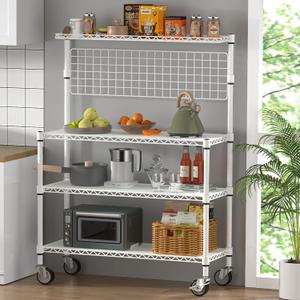 Leteuke Bakers Rack with Storage & Wheels, 42 Inch Microwave Stand Kitchen Shelves, 4-Tier Heavy Duty Microwave Cart Storage Rack with 20 S-Hooks, Metal Utility Kitchen Cart, 42 18 63 Inch, White