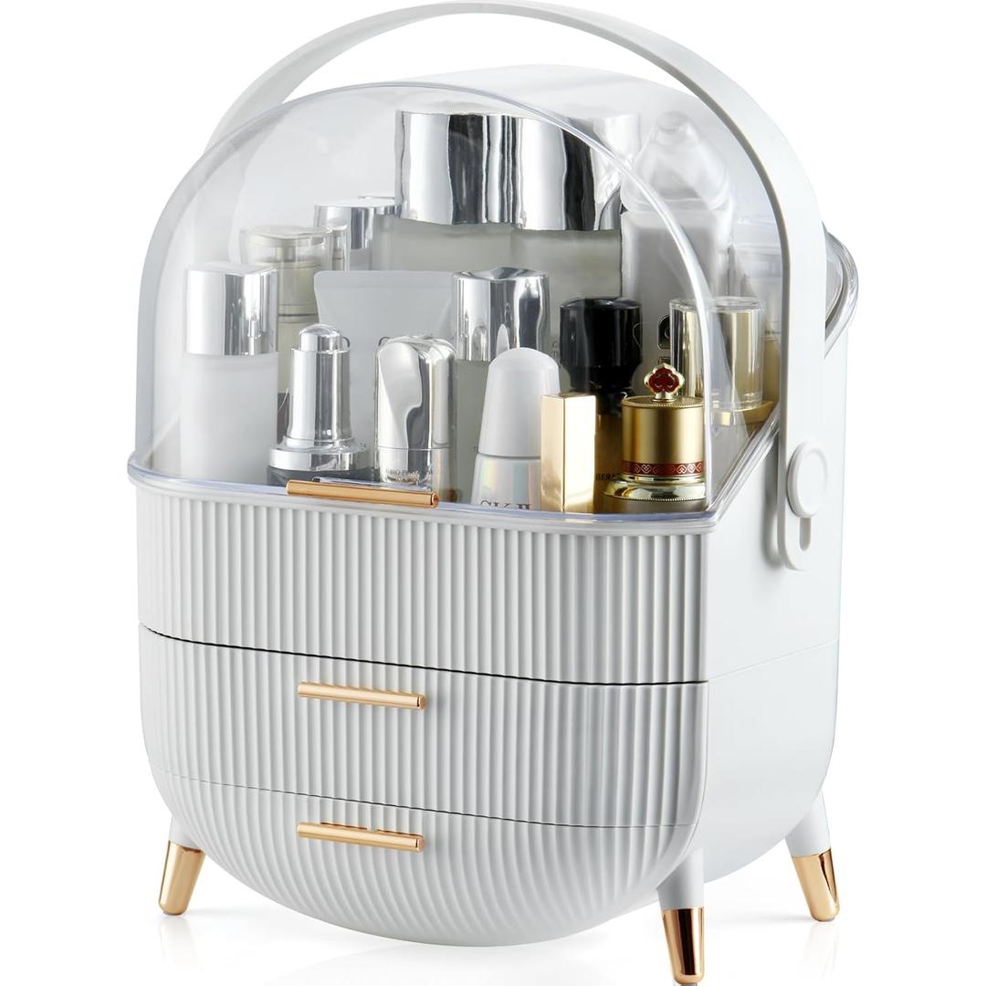 CANITORON Makeup Organizer,Skincare Organizer with 2 Drawers and Transparent Cover,Cosmetic Display Case for Vanity Organizer and Bathroom Countertop Storage.(White)