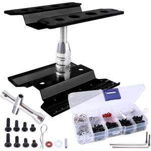 Aluminum Alloy RC Car Repair Work Stand Hobby Tool Set 360 Degree Rotation Lift/Lower and RC Screws Kit Repair Tool Box for 1/8 1/10 1/12 1/16 1/18 RC Car Truck Buggy Models (Black)