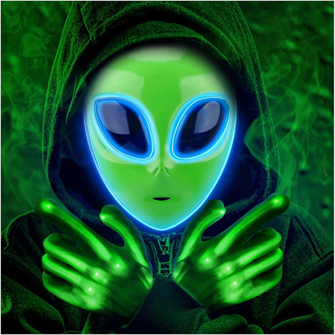 Tanganan LED Alien Mask for Adult Kids,Halloween LED Light up Mask 3 Modes Lighted Face Mask for Festival Cosplay Costume (1Pc+Gloves)