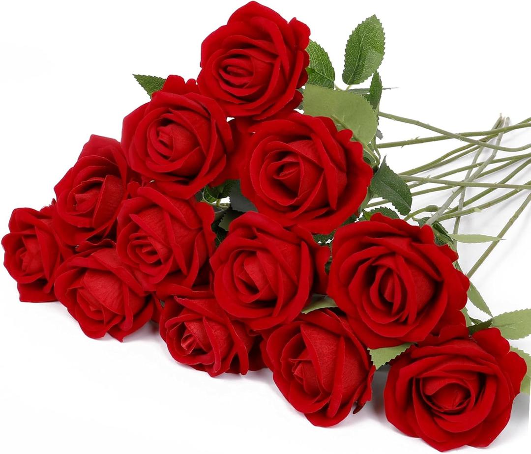 Red Artificial Rose Flowers, 12 Pcs Silk Roses with Long Stems, Realistic Fake Roses for Wedding Centerpiece Party Home and Office DIY Decor