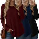 3 Pack Women's Waffle Knit Sweatshirts Crew Neck Long Sleeve Tops Casual Loose Fit Pullover Tees Curved Hem Shirts (Large, Black, Navy Blue, Wine Red)