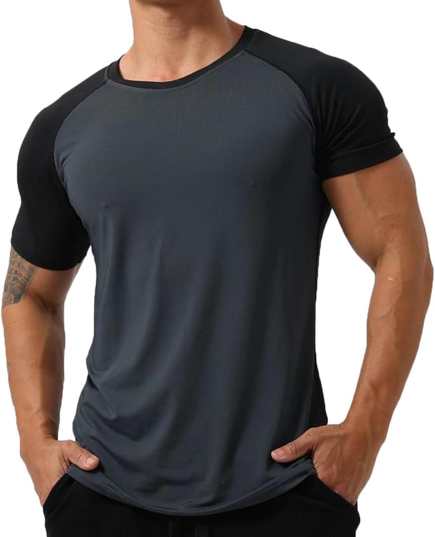 Mens Gym Muscle Short Sleeve Sweat Workout Shirts Quick Dry Stretchy Athletic T-Shirts for Men T77 (XLarge, Darkgrey)