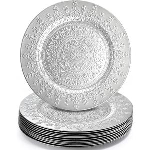 Youeon 12 Pack Silver Charger Plates, 13 Inch Plastic Chargers for Dinner Plates, Floral Pattern Decorative Plates for Table Setting, Party, Wedding, Catering Event, Christmas