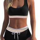 Womens Sport Two Piece Swimsuits Racerback Tops Boyshort Bottom (Small, Black)