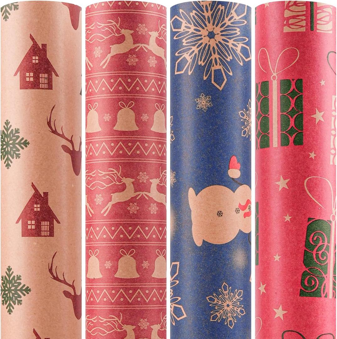 Happypapa Christmas Wrapping Paper, Kraft Xmas Wrapping Paper Rolls - Jingle Bell, Reindeer, Gift and Snowflakes Pattern - 4 Rolls - 17 Inch  120 Inch Per Roll
