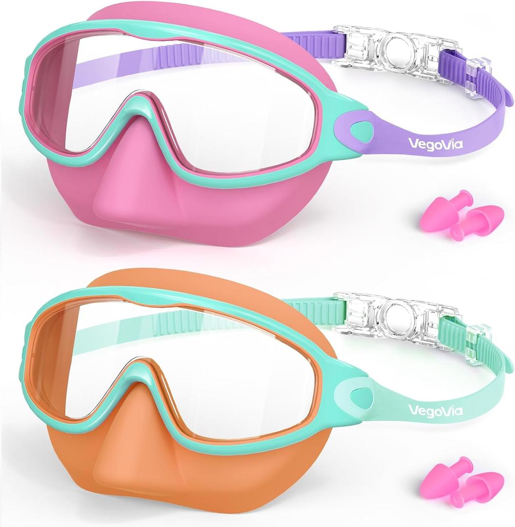 VegoVia 2 Pack Kids Swim Goggles with Nose Cover, Anti-Fog UV Protection Swimming Goggles for Kids Youth 3-15 (Pink & Orange)