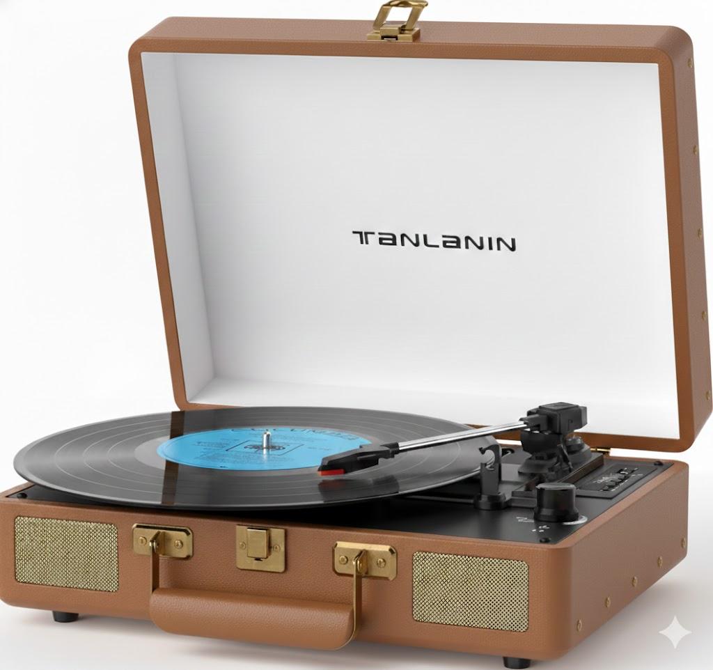 Vintage 3-Speed Bluetooth Portable USB Suitcase Record Player with Built-in Speakers, Upgraded Vinyl Turntable Audio Sound, Includes USB Recording Brown Leather