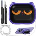 RFUNGUANGO is Compatible with AirPods Pro 3 Protective case, with Mobile Phone Holder Function, Suitable for AirPods Pro 3 Protective case,Purple + Cartoon Cat Head