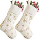 SherryDC White Plush Christmas Stockings 2 Pack, 19" Silver & Gold Snowflake Sequin Embroidered Fireplace Hanging Stockings Set for Christmas Decoration