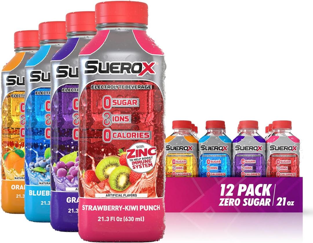 SueroX Zero Sugar Electrolyte Drink for Hydration and Recovery, Unique Blend of Electrolytes & 8 Ions, Zero Calorie Sports Drink, 21.3 Fl Oz, Variety Pack, 12 Count BBD 12/28/2025