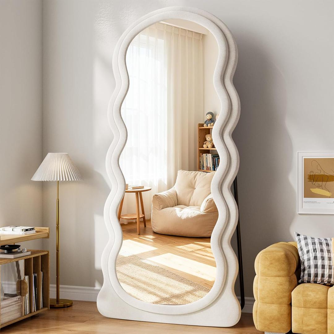 Wavy Full Length Mirror, 71"x30" Full Body Mirror, Flannel Floor Mirror with Stand, Large Mirrors Hanging or Leaning Against Wall for Bedroom Living Room, White (Arch Wavy-beige)