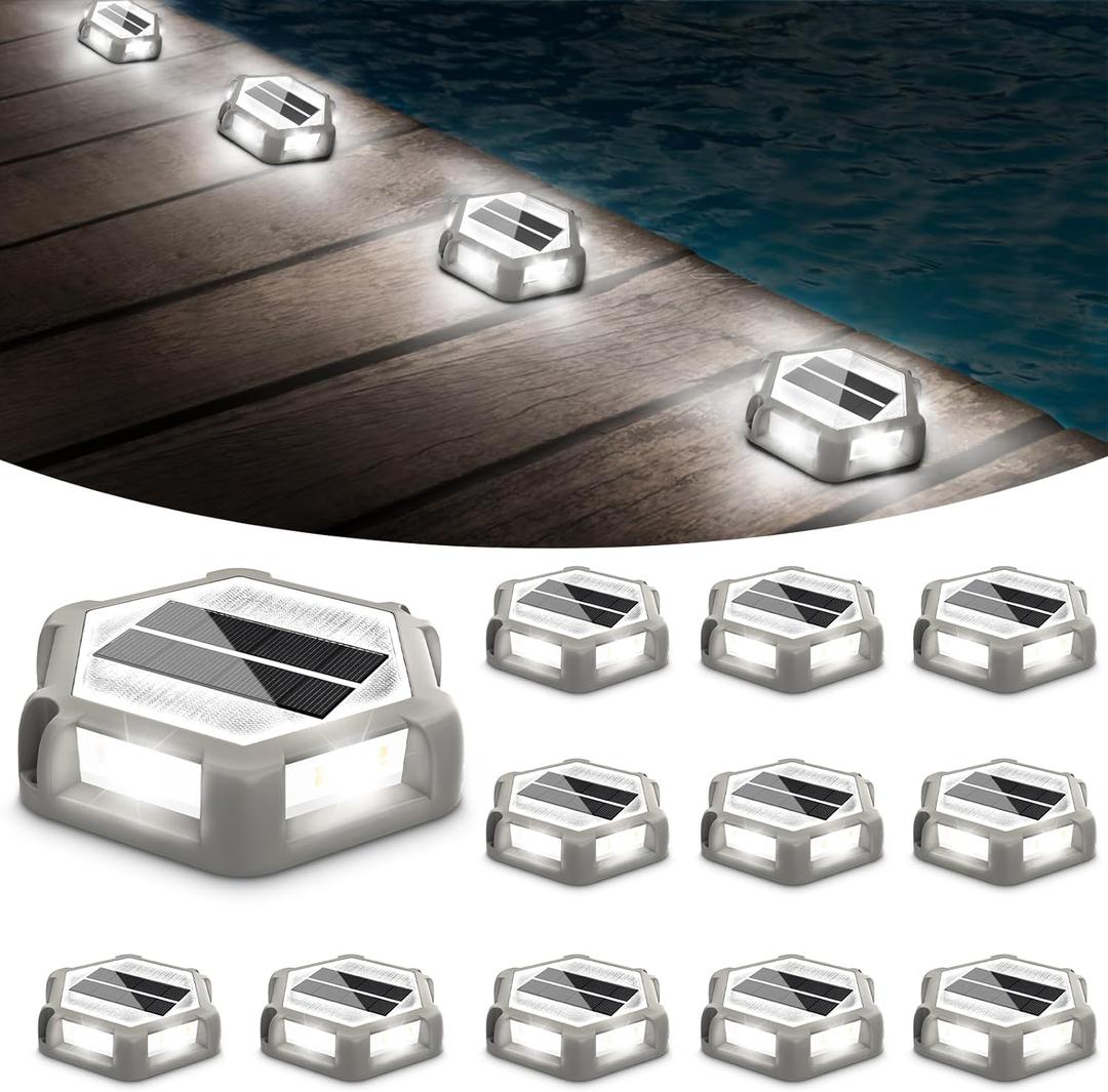 T-SUN Solar Deck Lights Outdoor, 12 Pack Solar Driveway Lights for Outside, 6000K Modes Dock Deck Light Solar Powered Waterproof, Step Light for Yard Pathway Walkway Sidewalk Stair (Hexagon-Cool White)