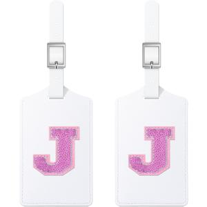 4 x Sodsay 2 PCS Initial Luggage Tag, Luggage Tags for Suitcases Cute Sequin Letter PU Leather Travel Bag Baggage Tags Privacy Cover ID Label for Women Kids Teens Men(J, White Leather+Hot Pink Letter)