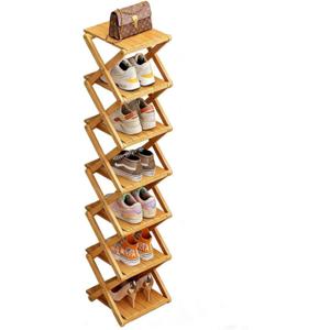 Bamboo Shoe Rack - No Assembly Required, Tall Narrow Foldable Shoe Organizer, Space-Saving Multifunctional Shelf for Entryways, Corners, Bedrooms, Balconies, 6 Layer(Reinforced and Thickened)