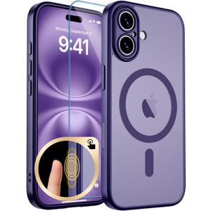 zapica Magnetic for iPhone 16 Case, Upgraded [Camera Control Button] [Full Camera Protection] [with 1 Screen Protector] Translucent Matte Shockproof Protective Phone Cover, Deep Purple