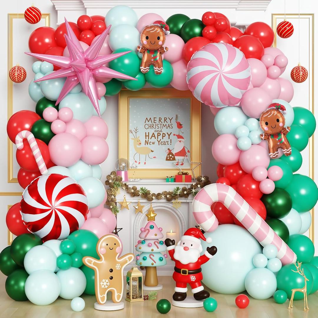 Froova Christmas Balloon Garland Arch Kit, 119Pcs Pink Green Red Xmas Balloon with Gingerbread Candy Cane Star Foil Balloons for Christmas Baby Shower Winter Holiday Birthday Party Decorations