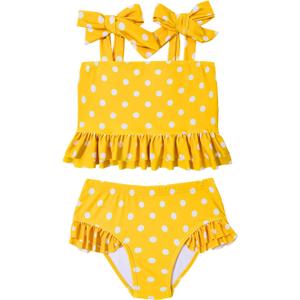 Century Star Toddler High Waisted Bikini 2025 Baby Girl Swimsuit Cute Ruffle Swimwear Tie Shoulder Infant Bathing Suit (6-7 Years, Yellow With White Spots)