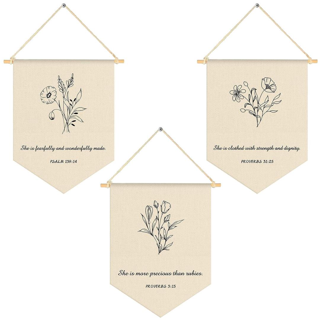 3 Pcs Nursery Scripture Hanging Flag Art Decor Botanical Christian Wall Art Canvas Hanging Pennant Flag Banner Christian Floral Wall Gift for Farmhouse Living Room Bedroom Home Decoration