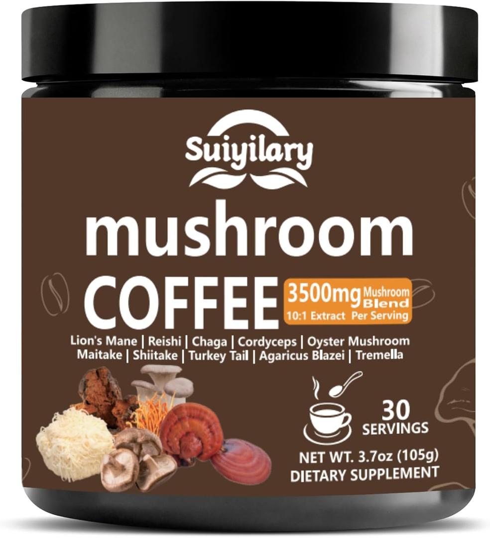 Suiyilary 10 Mushroom Coffee with Arabica w, Lion's Mane, Reishi, Mushroom Polysaccharides & More, Instant Mushrooms Powder for Focus, Immunity Boost, Memory & Clarity - 30 Servings