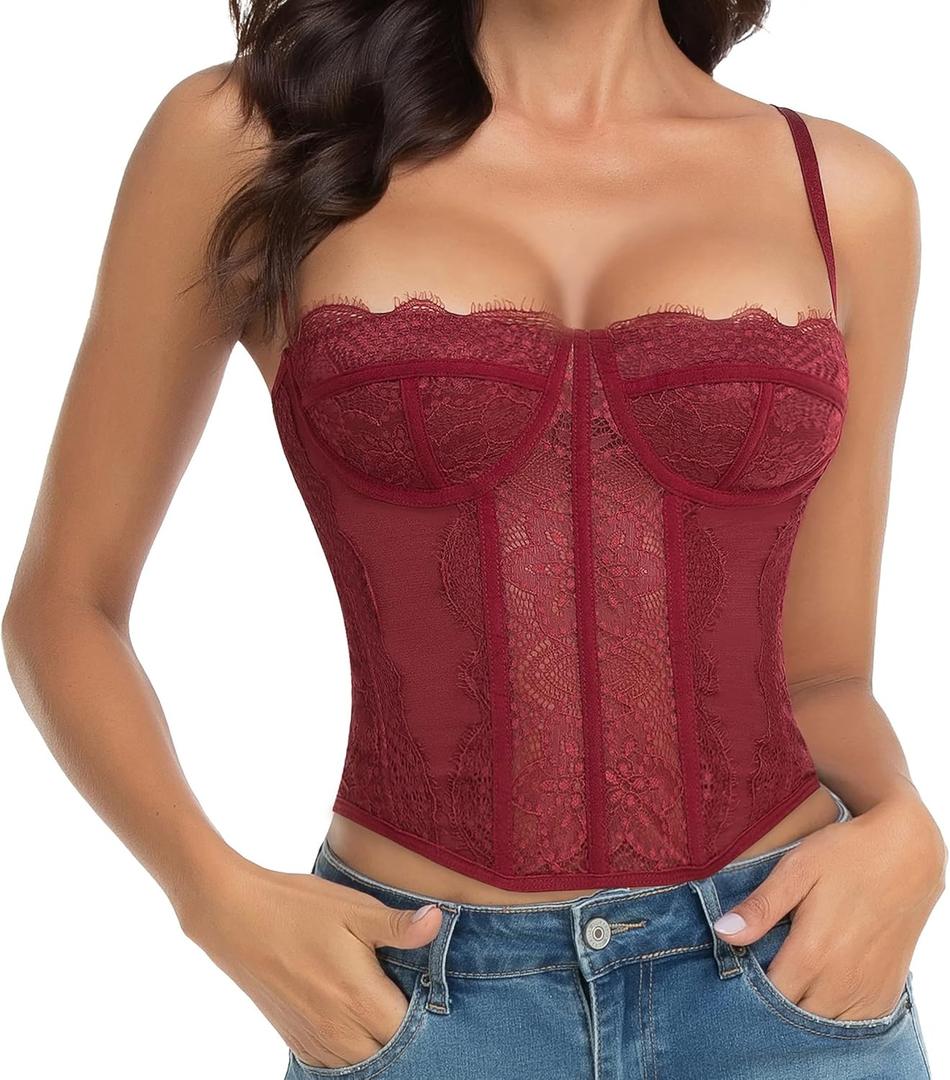 Lace Bustier Corset Tops for Women - Sexy Going Out Party Club Top with Buckle (Medium, Burgundy)