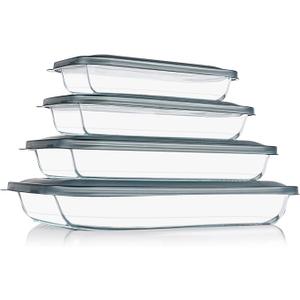 KOMUEE 8 Pieces Glass Baking Dish with Lids Rectangular Glass Baking Pan Bakeware Set with Lids, Baking Pans for Lasagna, Leftovers, Cooking, Kitchen, FridgetoOven, Gray