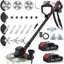 SMILOVII 21V Cordless Weed Wacker Lawn Edger, 4.6lbs Lightweight Battery Powered String Trimmer, 4-in-1 Brush Cutter with Metal Blades, Wire Brush & Guide Wheel for Garden Edging (2 Batteries, 2.0Ah)