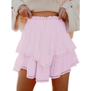 Flowy Shorts for Women Casual Boho Ruffle Tiered Skorts High Waist Mini Skirts Golf Tennis Crochet Shorts (Medium, All Sakura Pink)