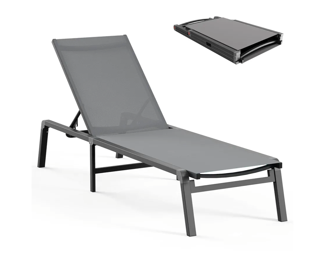 Aluminum Chaise Lounge Ourdoor - Foldable & Assemble Free Outdoor Lounge Chair with 5 Adjustable Backrest, Patio Lounge Chair for Outside Poolside Beach Pool, Grey
