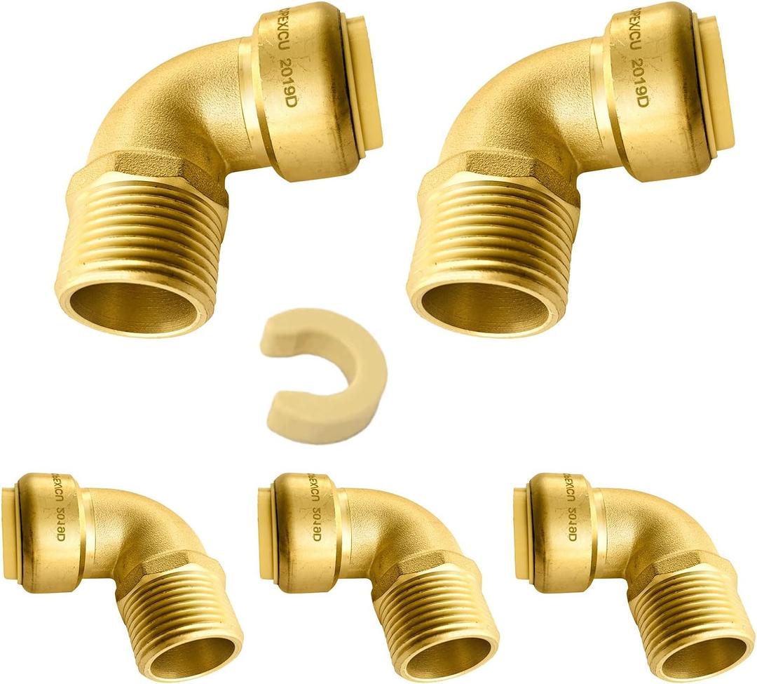 (Pack of 5) Niikappu 3/4 Inch x 3/4 Inch MNPT male Threaded Elbow Fitting, Push to Connect Brass Plumbing Fitting, PEX, CPVC, PE-RT Pipes with Disconnect Clip