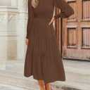 ZESICA Women's Casual Long Sleeve Crew Neck High Waist Smocked Flowy Tiered Midi Dress (Brown, L)