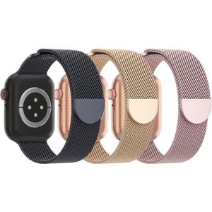 3 Pack Mesh Metal Band Compatible with Apple Watch Band 38mm 40mm 41mm 42mm 44mm 45mm 46mm 49mm, Stainless Steel Magnetic Loop Strap for iWatch Ultra 3 2 1 Series 11/10/9/8/SE/7/6/5/4/3 Men Women (I-Space Grey/Champagne Gold/Rose Gold)