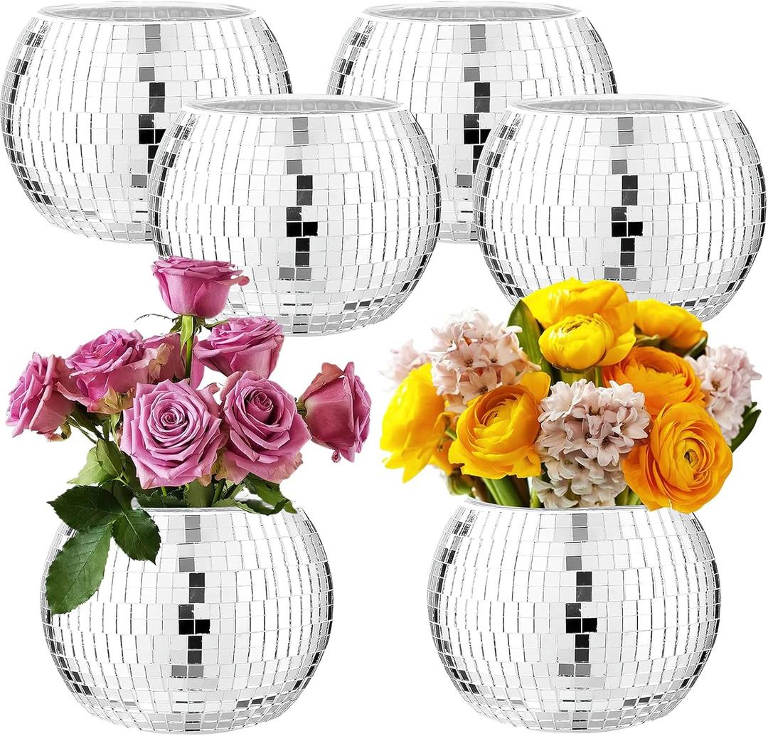 6 Pcs Silver Mirror Disco Vase - 3" X 4" Disco Ball Vase for Centerpieces, Glass Planter Candle Holder for Wedding, Birthday, Party, Office, Bedroom