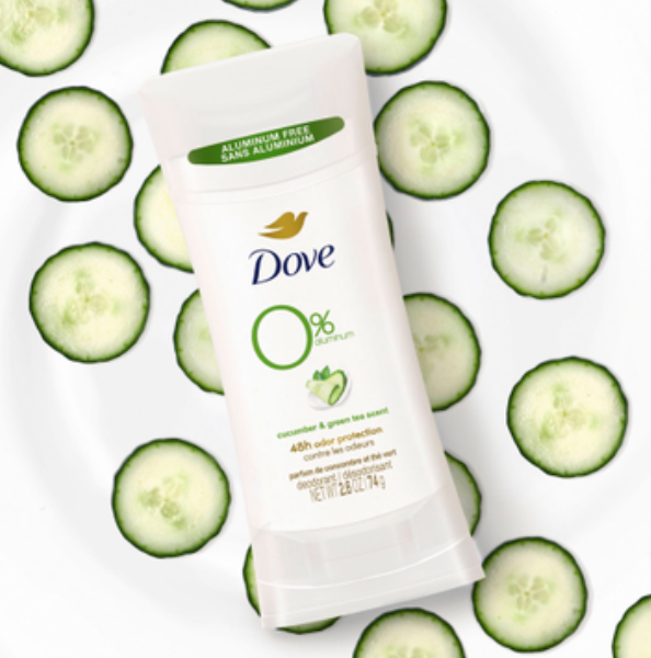 Dove 0% Aluminum Free Deodorant for Women 4 Count Cucumber and Green Tea 72 hour odor protection 2.6 oz
