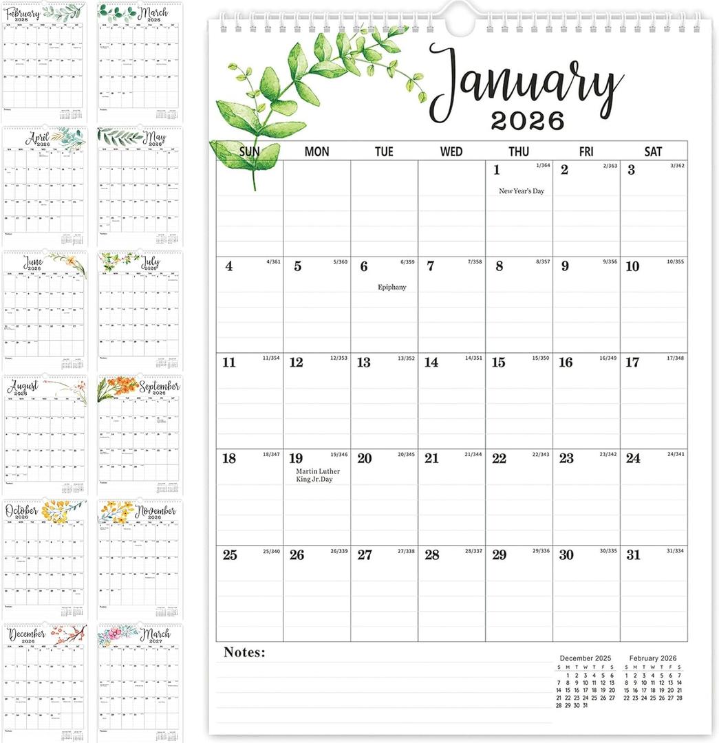 Wall Calendar 2026, Large Wall Calendar 2026-2027, JAN 2026 - JUN 2027, 12" x 17"2026 Hanging Calendar with Twin-Wire Binding + Hanging Hook + Julian Dates for Home & Office Organization (white-Leaves-12*17) 2 pieces