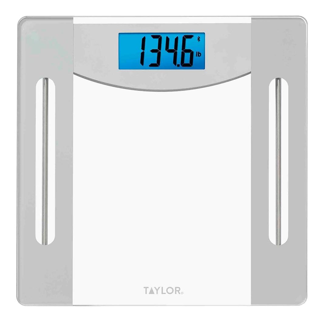 Taylor Weight Tracking Smart Scale for Body Weight with Bluetooth Sync, 400 lb Capacity, HSA/FSA Eligible, Glass & Metallic Silver Platform, Blue Backlit Display, Syncs with WeighSync App, Clear