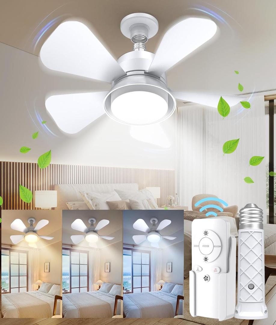 Socket Fan Light Ceiling Fans with Lights and Remote, Dimmable LED Ceiling Fan with Lights, 3 Colors 3000K-6500K, 1000 Lumens Light Bulb Screw in Ceiling Fan for Bedroom, Kitchen, Living Room, Closet (White)
