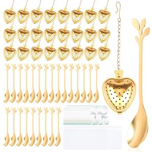 25 Sets Bridal Shower Tea Party Favors for Guests,Mini Spoons, Heart Shaped Tea Infusers, Thank You Cards, and Organza Present Bags, Wedding Souvenirs for Guests(Gold)