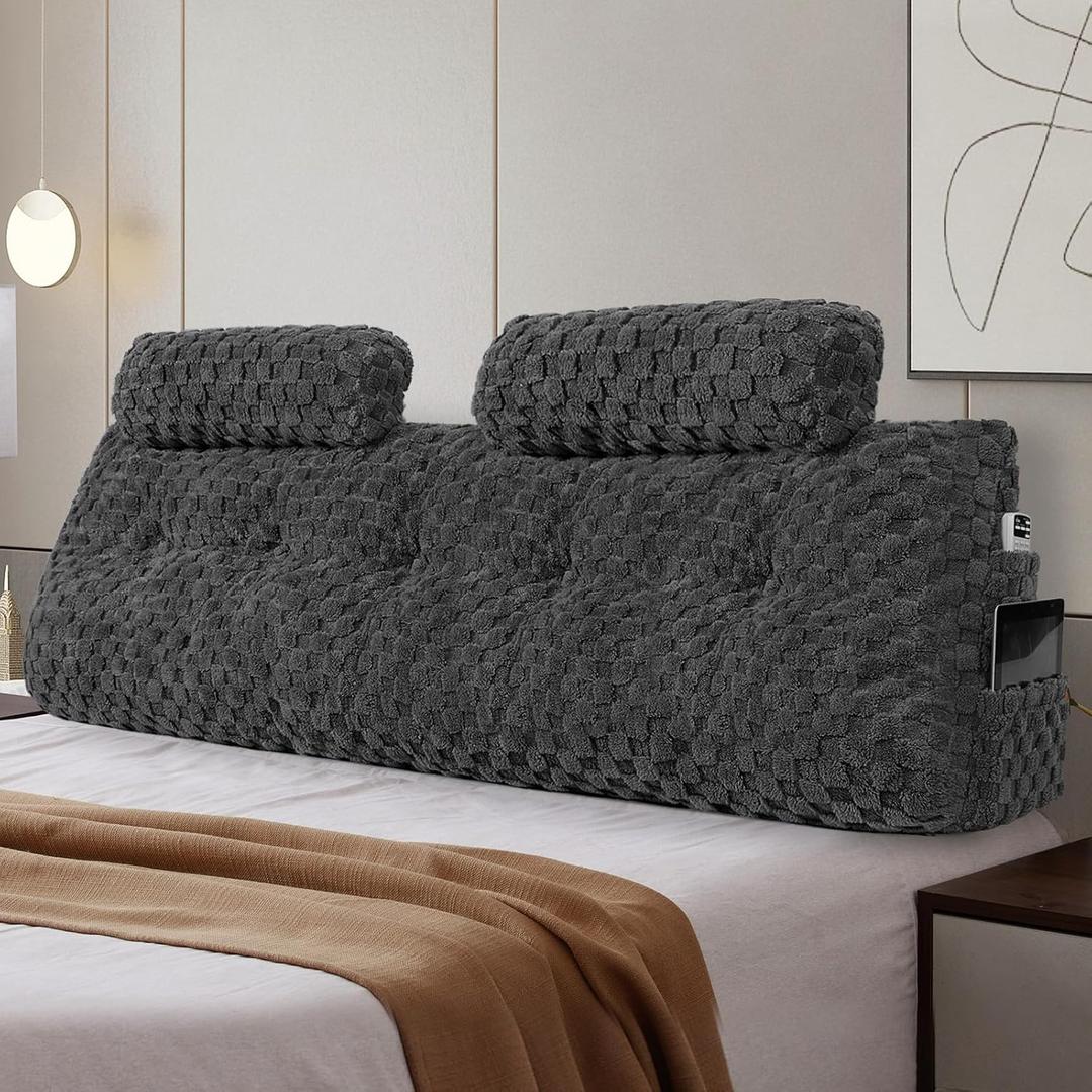 Large Headboard Pillow with 2 Pack Neck Roll Pillow Wedge Pillow Bed Rest Reading Pillow Bolster Triangular Pillow for Sitting in Bed-Backrest Positioning Support (Queen:59x8x20 Inches,Dark Grey)