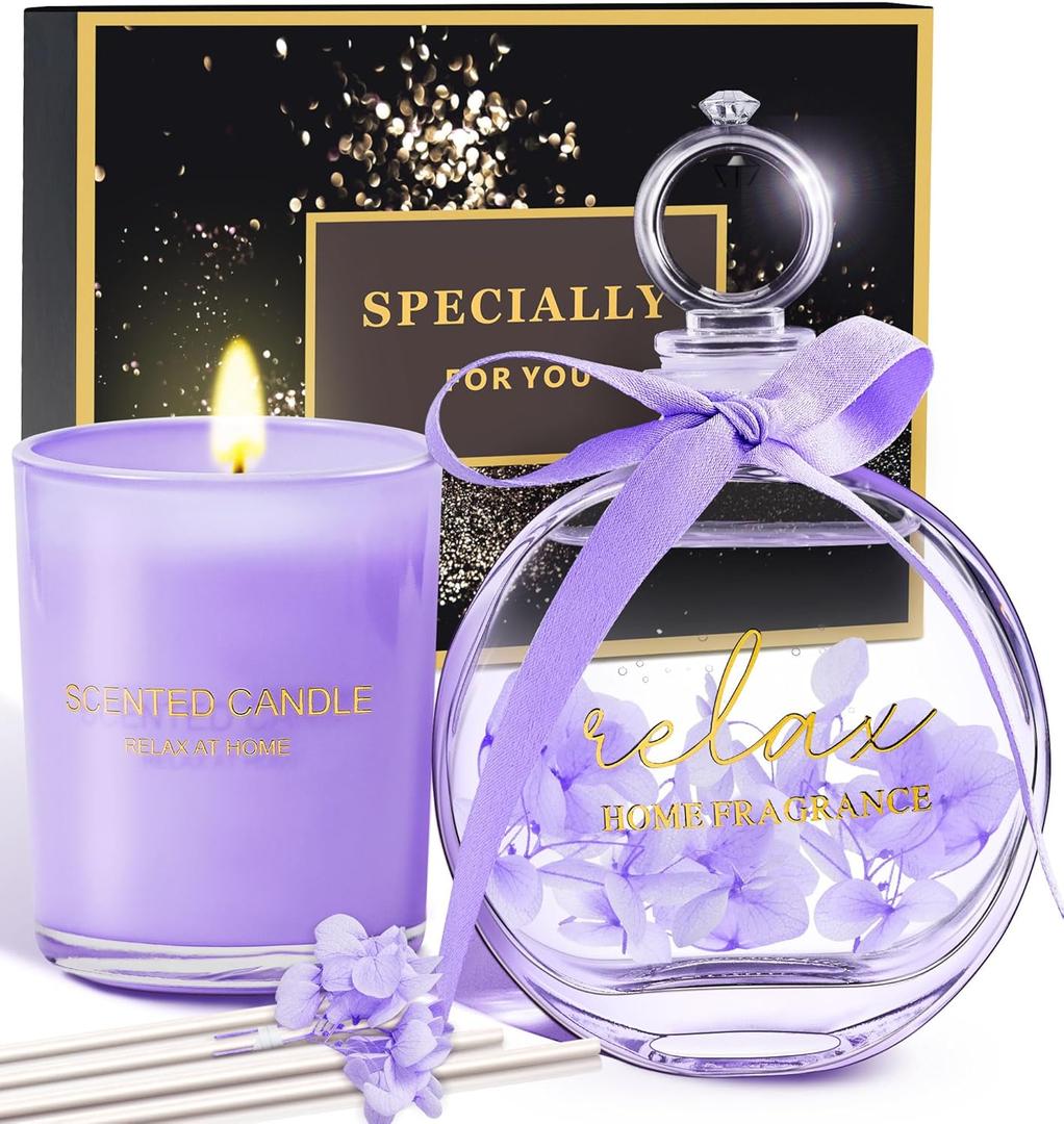 Mothers Day Gifts for Mom Daughter, Birthday Valentines Christmas Stocking Stuffer Gift Box for Women Wife Girlfriend Sister Best Friends Teachers, Violet Candle Gift Set, Self-Care Gifts for Her