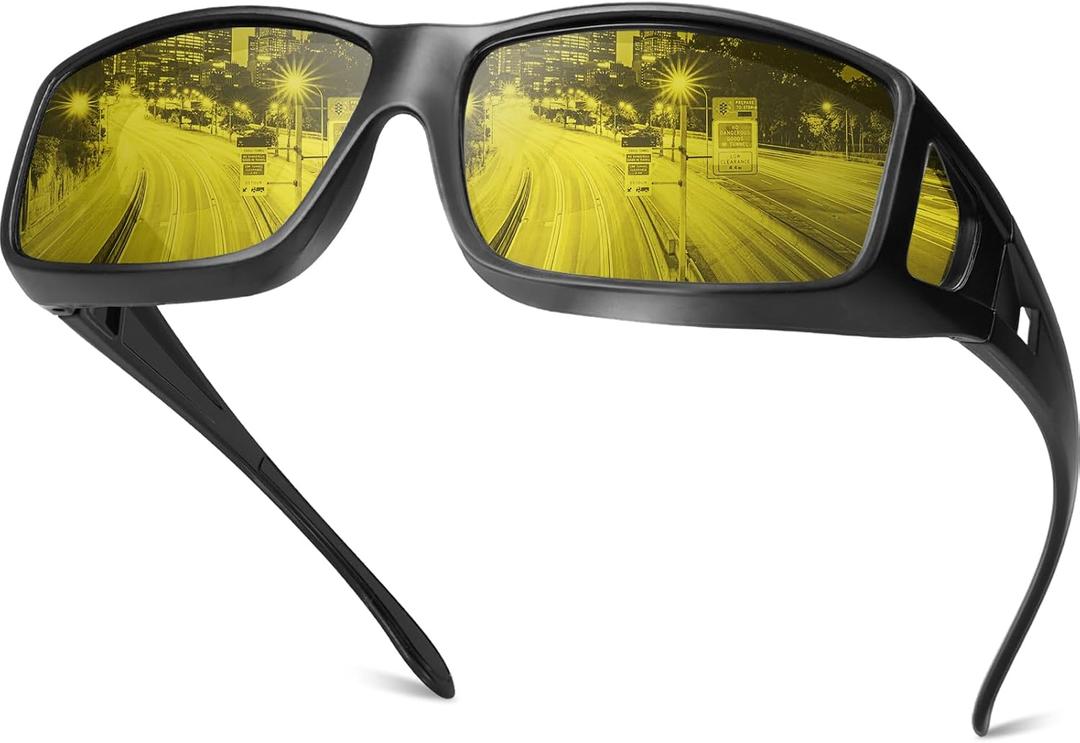 Night Vision Driving Glasses Fit Over Eyeglasses for Men Women, Anti-Glare Polarized Nighttime Glasses Yellow Lens