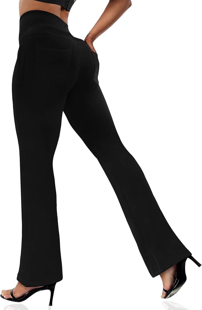 VOOVEEYA Women's Bootcut Leggings - Bootleg Yoga Pants Flare with 4 Pockets, Tummy Control High Waisted Casual Dress Pants（Bootcut-Petite Solid Black-L）