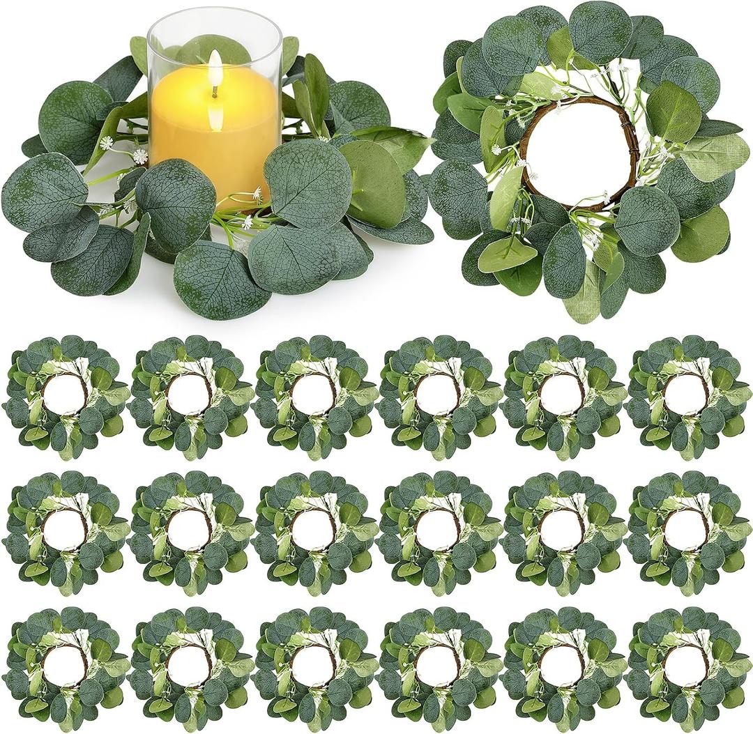20 PCS Candle Rings - Artificial Eucalyptus Leaves Candle Wreaths Greenery for Pillar Fireplace Wedding Table Centerpieces Farmhouse Home Kitchen Decor