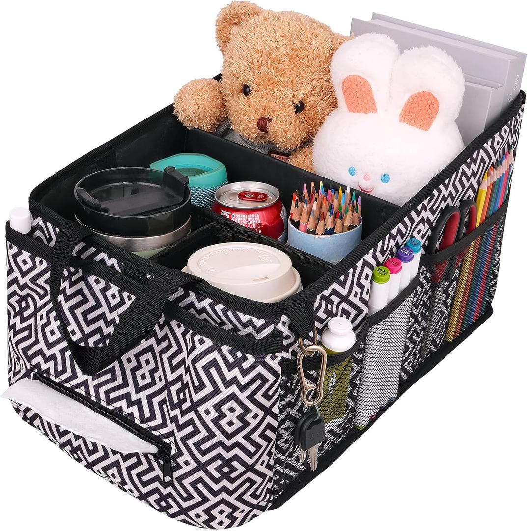 HEYSKAY Car Seat Organizer-Passenger Seat Organizer, Collapsible Small Car Seat Organizer for Console Front/Back, Car Caddy with 4pc Drink Holders Automotive Backseat Organizer for Kids (Black&White Check)