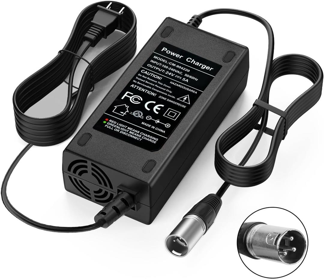 24V 5A 3-Pin Male XLR Charger for Lakematic, Pride Mobility, Jazzy Power Chair, Shoprider, Drive Medical, Golden Technologies, Rascal 200T/500T/301 PC 24BC5000TF-1, Only for Lead Acid