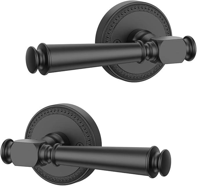 Amerdeco 2 Pack Matte Black Dummy Door Handles, Decorative Non-Turning Door Lever with Door Knobs for Closet, French Double Doors, Pantries & Interior Push/Pull Doors.AM0034