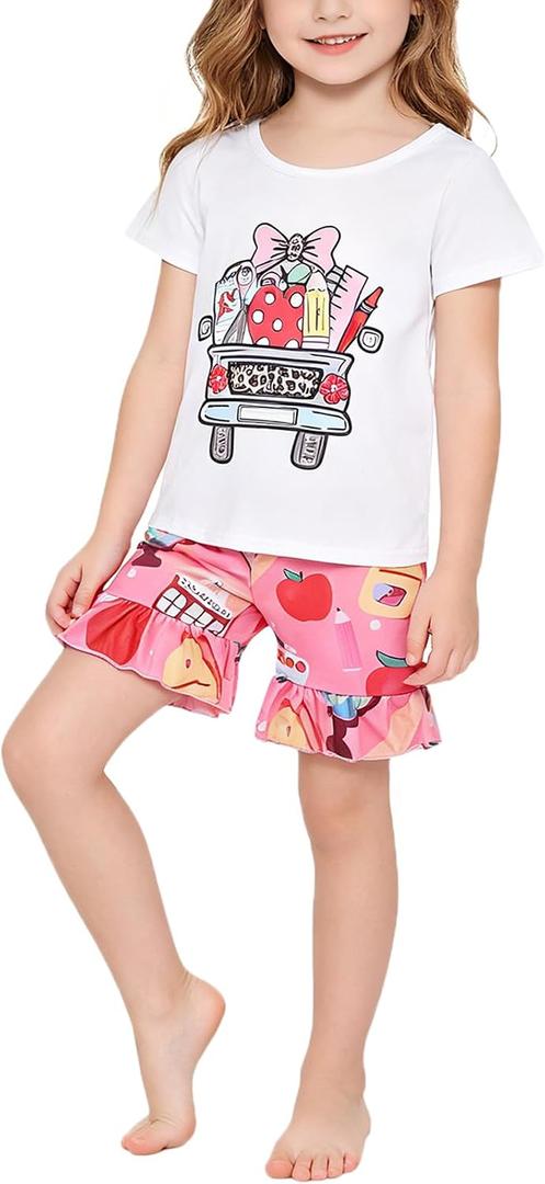 Toddler Girls Back to School Pencil Outfits Set Ruffle T-Shirt Dress and Pants Outfit Set 3-8Years (White, L)