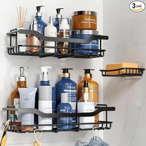 OMAIRA 3-Pack Shower Caddy with Soap Holder, Adhesive Rustproof No-drill Strudy Loading Inside Shower Organizer Shelves Rack Storage Bathroom Organization for Smooth Wall Glass Tile, Black (X-Large)